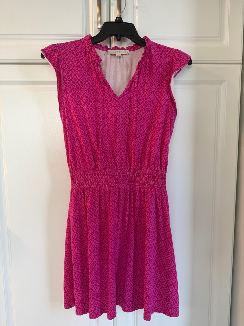 LOFT Fuchsia Cap-Sleeve Smocked-Waist Mini Dress